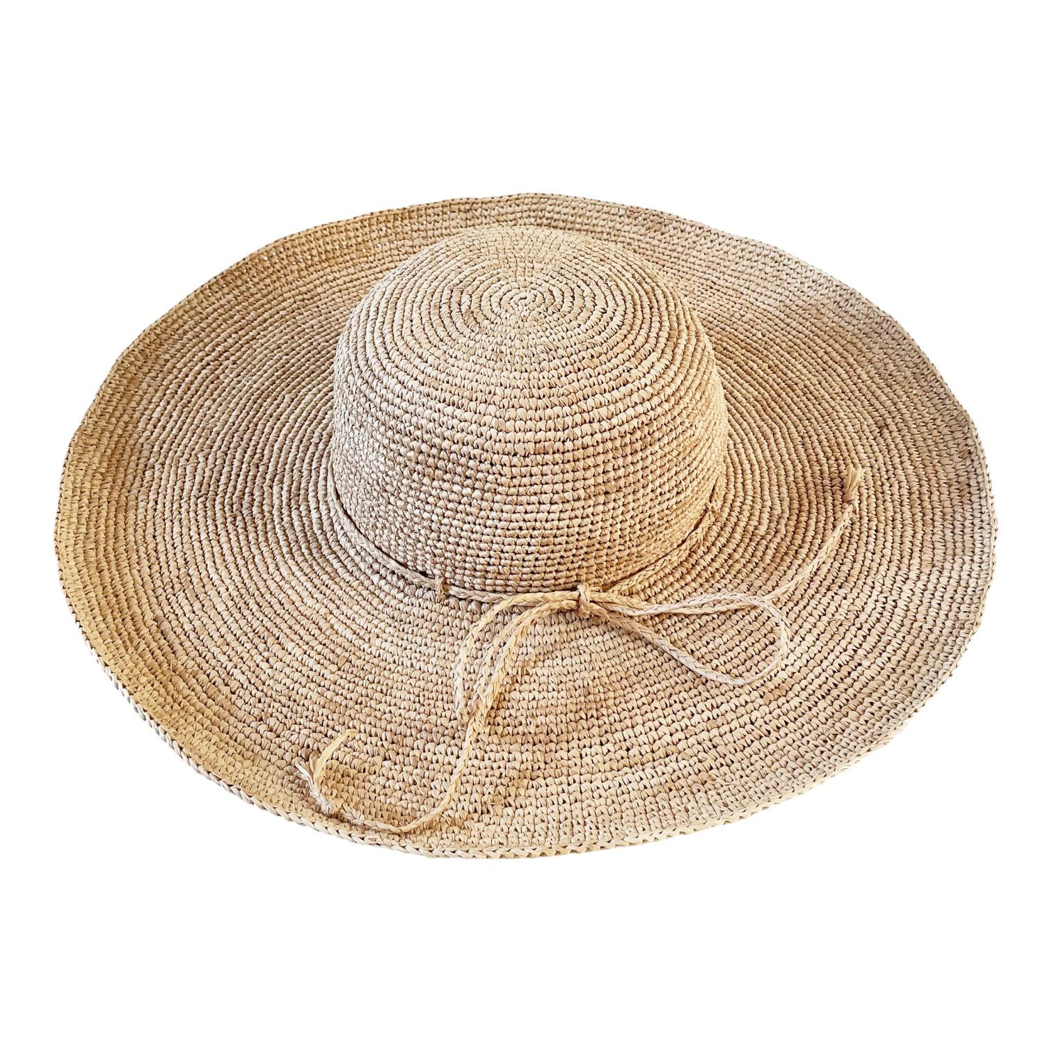 Hand Crocheted Raffia Wide Brim Straw Hat