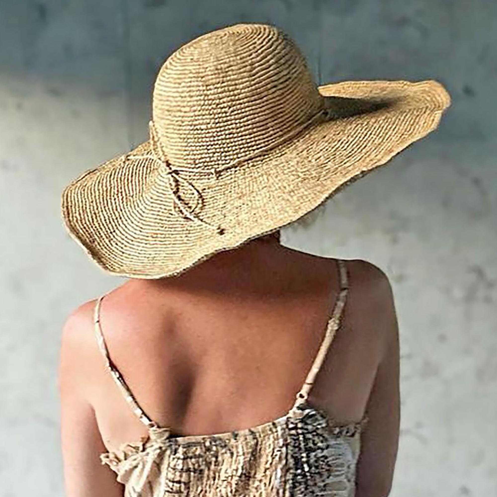 Hand Crocheted Raffia Wide Brim Straw Hat