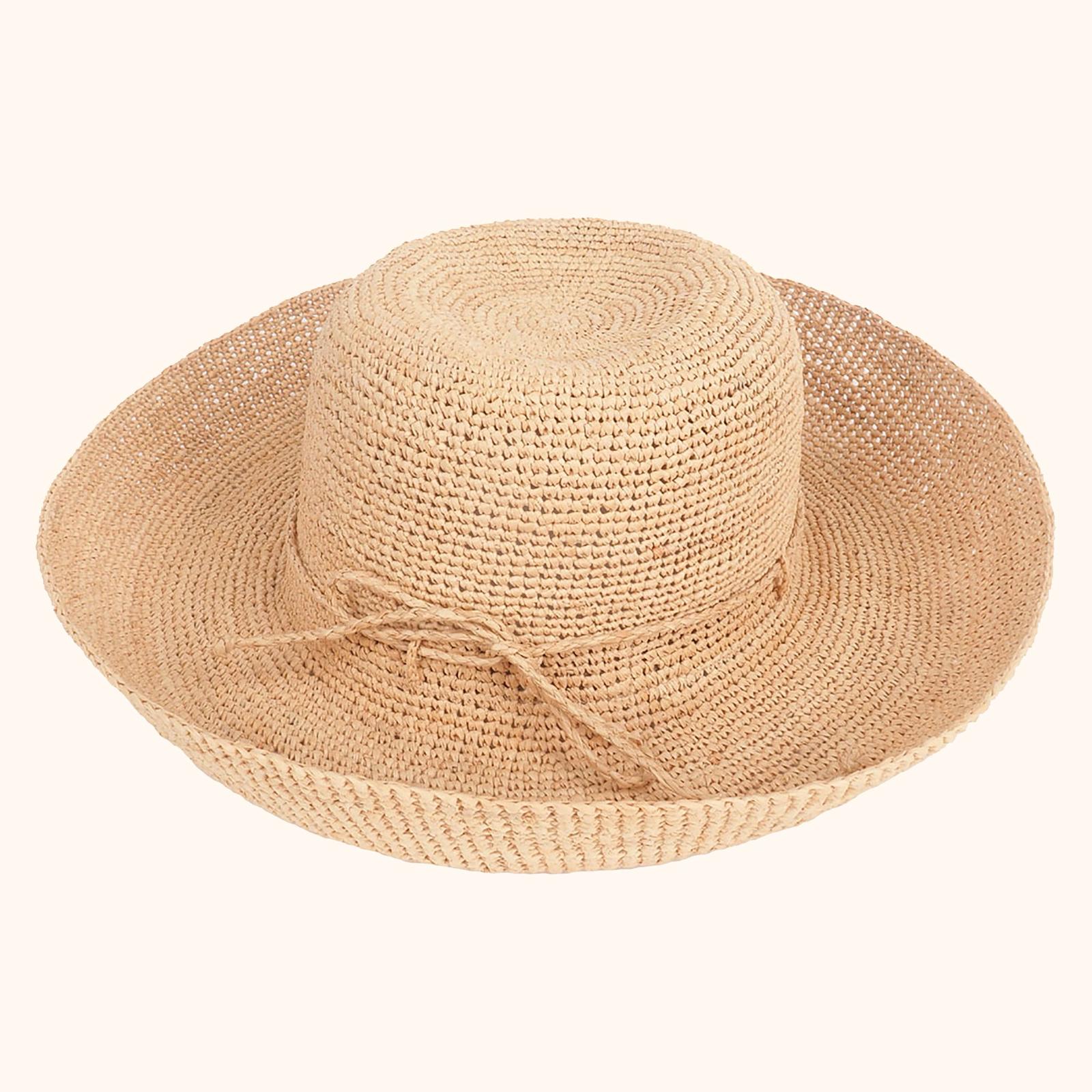 Hand Crocheted Raffia Turn Up Brim Straw Hat