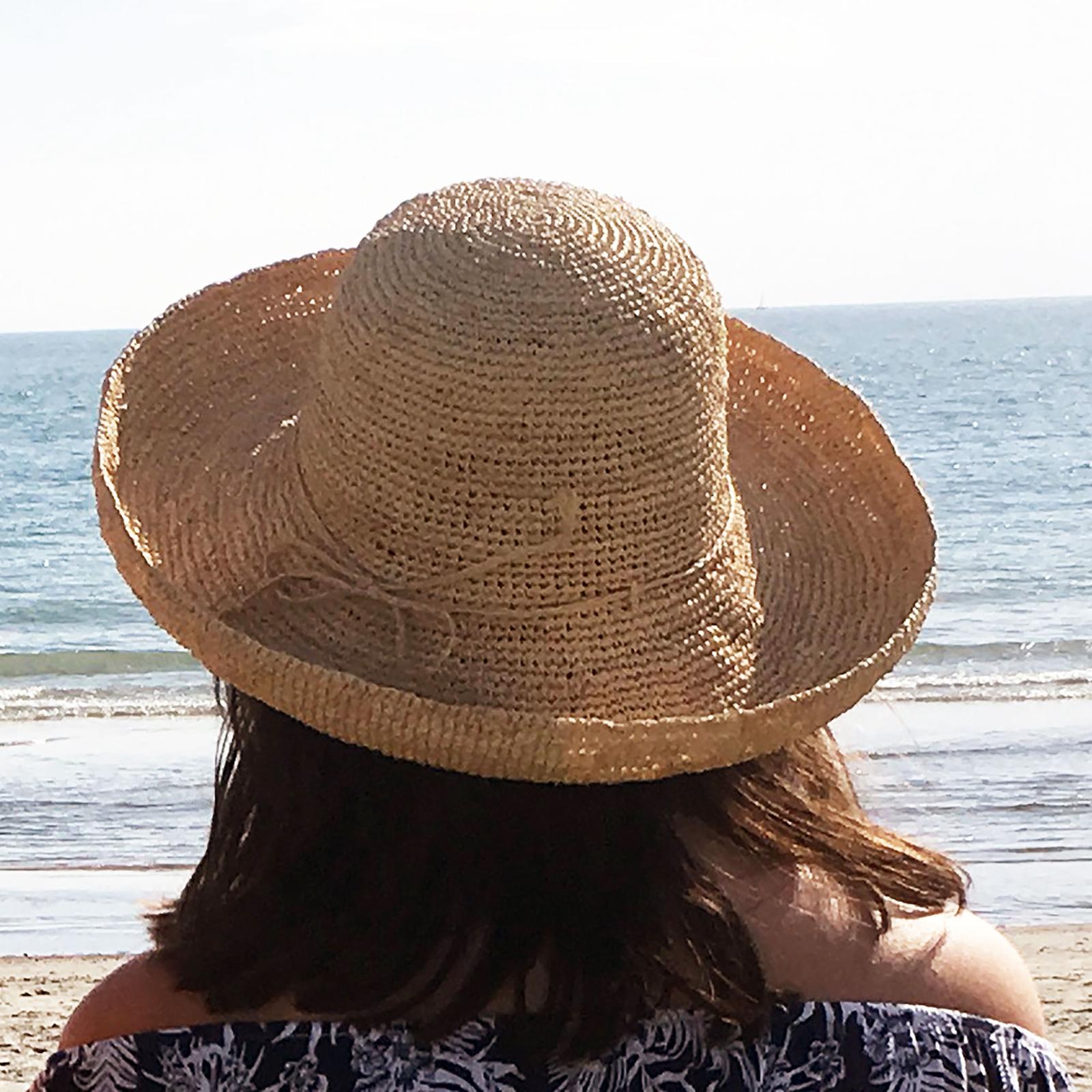 Hand Crocheted Raffia Turn Up Brim Straw Hat